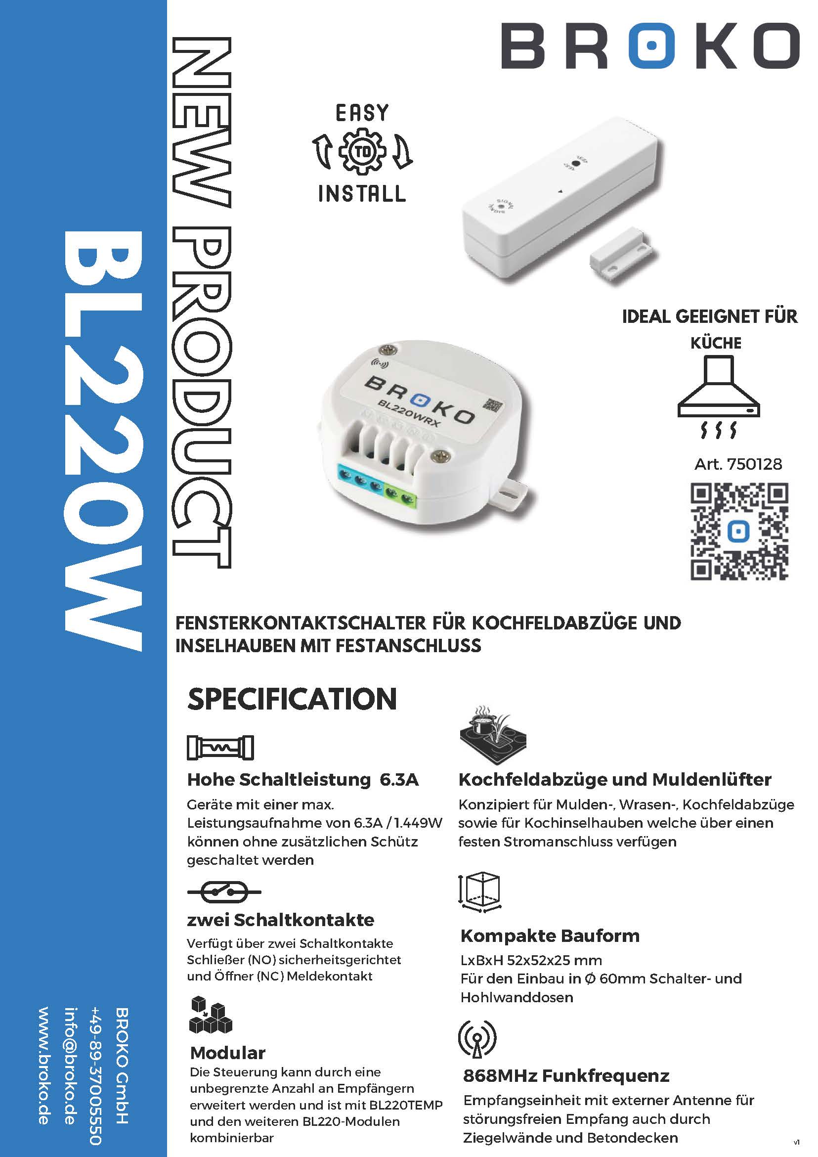 BL220W - Fensterkontaktschalter Einbauversion für Kochfeldabzüge DIBt