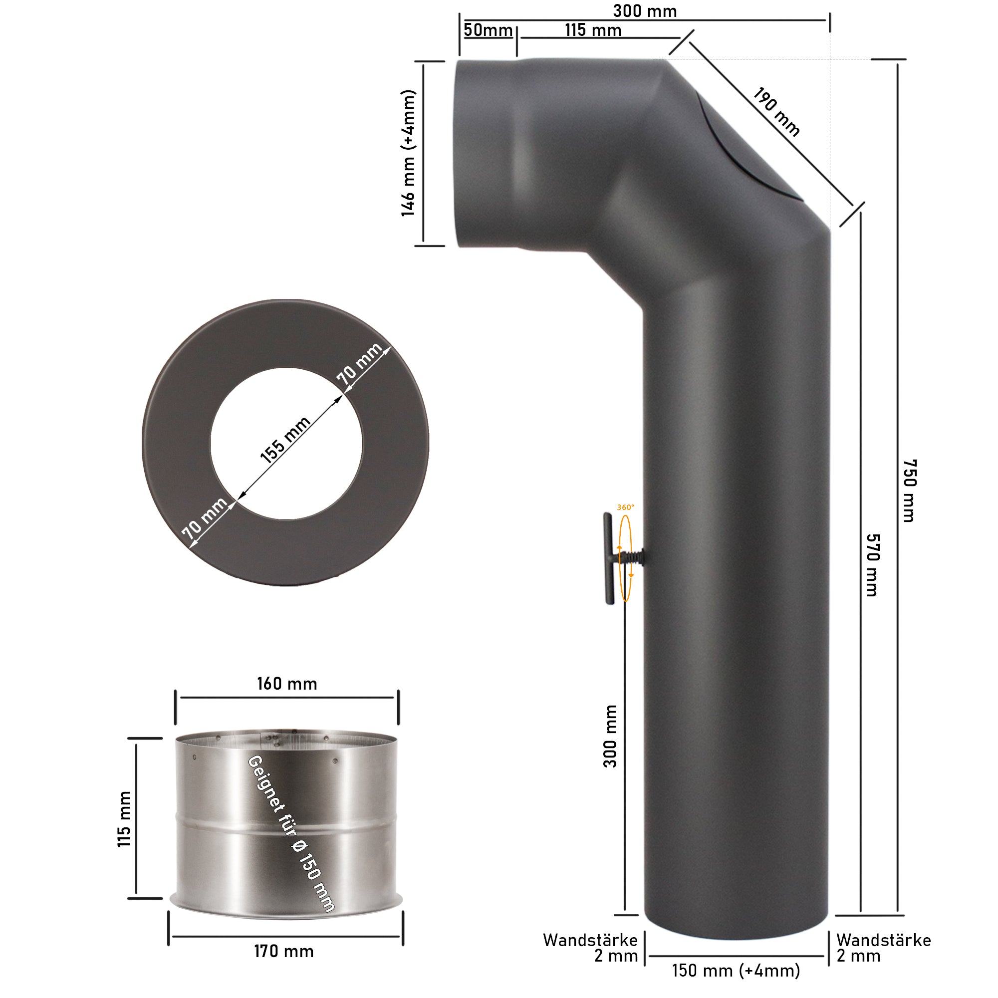 Hauptrohr-Set 2x abgewinkelt kurz (2x 45°) mit Drosselklappe und Reinigungstür