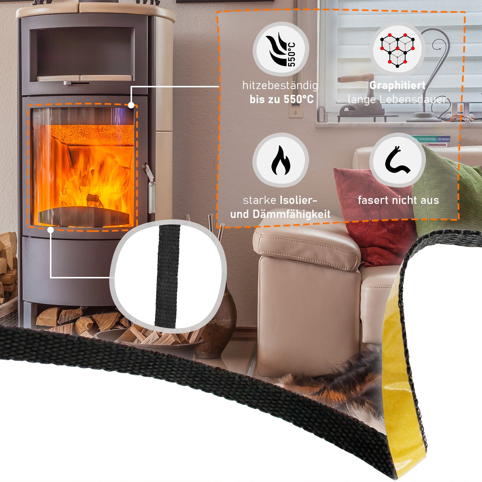 20 x 4 mm Flachdichtung, feuerfestes Dichtungsband selbstklebend