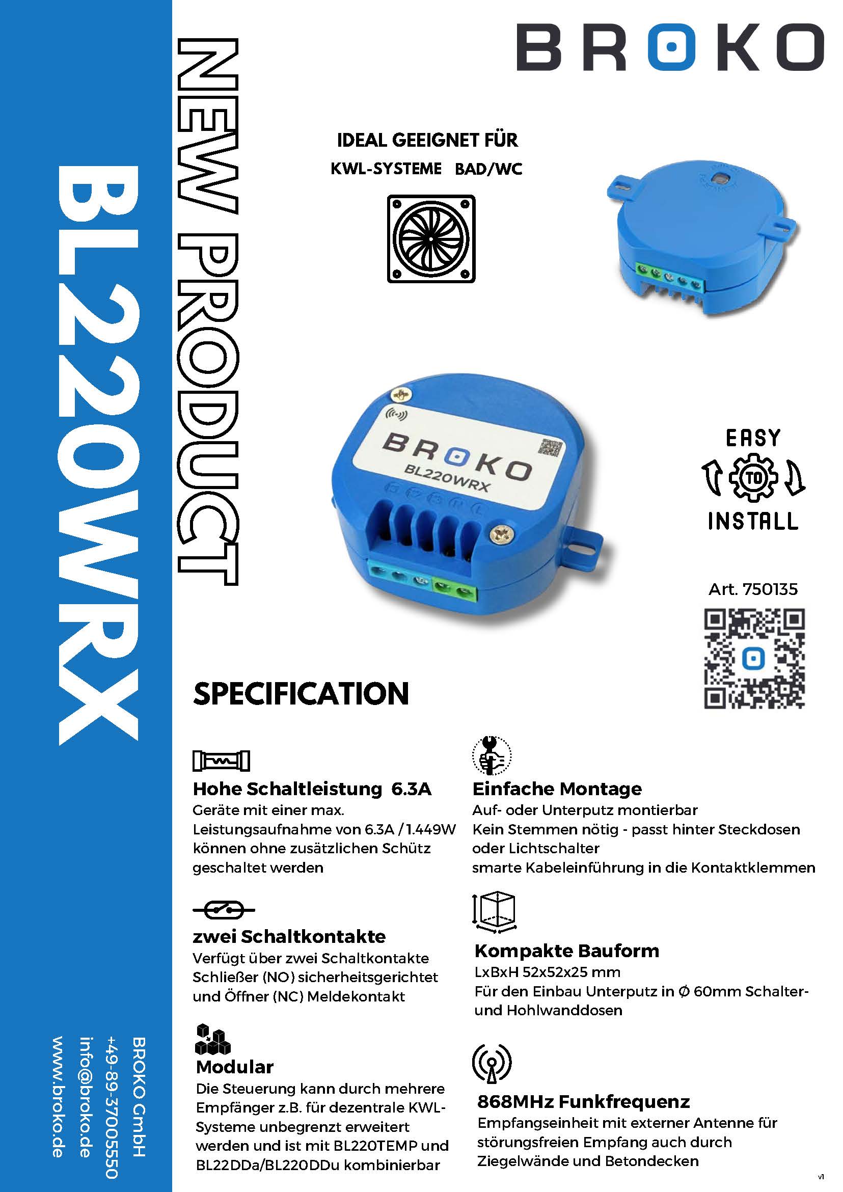 BL220WRX blau - Funk-Empfänger Unterputz 68mm Dose für dezentrale KWL 6,3A NO&NC DIBt