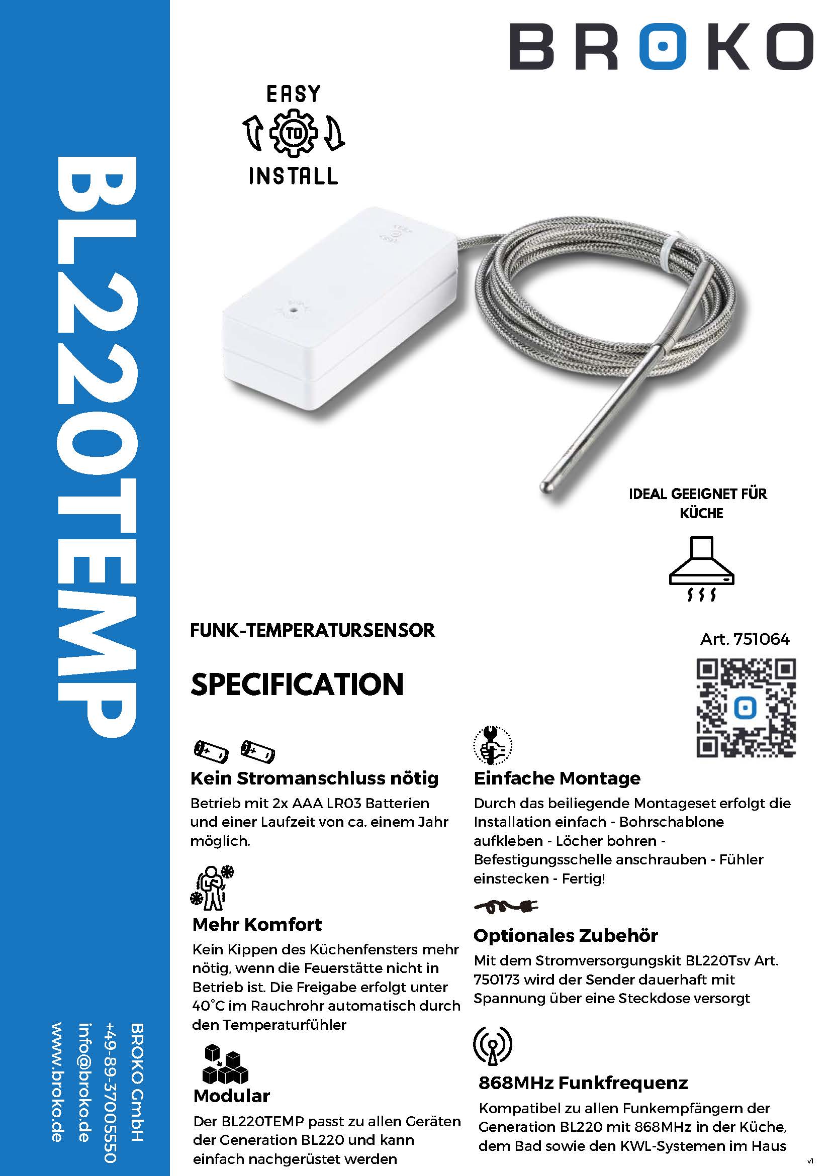 BROKO BL220TEMP | Temperature sensor for radio exhaust air control